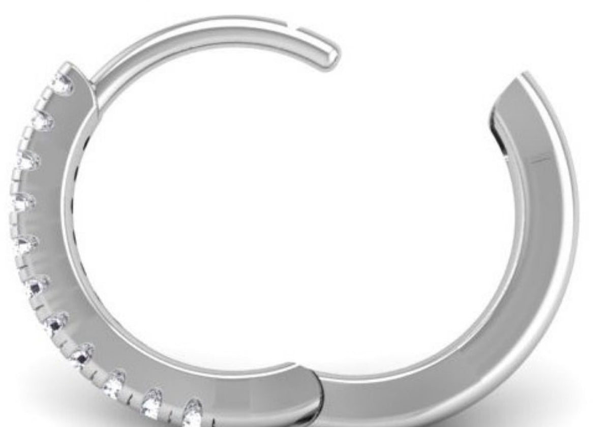 Pavé-All-Day hoop shown open on its hinge, with pavé diamonds along the front edge
